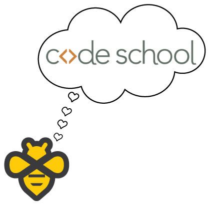 Beeminder and Code School sitting in a tree, P-A-R-T-N-E-R-I-N-G The infinibee with a thought bubble with the Code School logo in it
