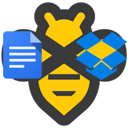 Bee mindful not to let that Dropbox box drop, little Beeminder Bee! Beeminder logo holding Google Docs and Dropbox logos