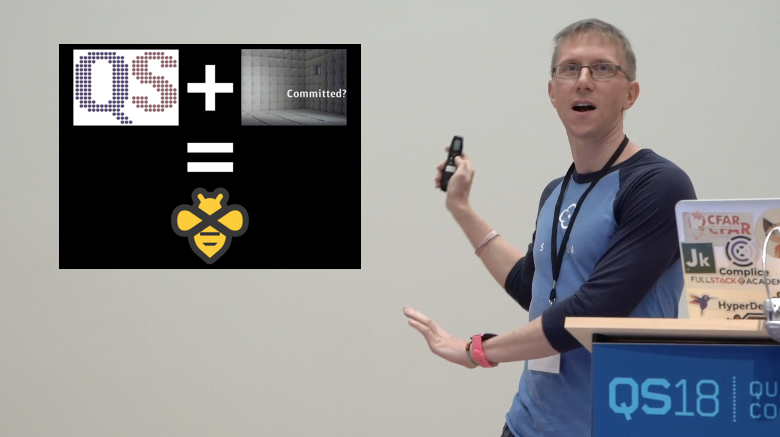 Hipster points: Saga shirt from QS conference years ago (Saga doesn't exist anymore), original Pebble watch, sticker for Glitch from when it was initially called HyperDev, ... I could go on. Reeves giving QS18 talk