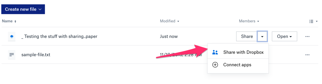 You need to hover over the file for the share button to appear Dropbox: share