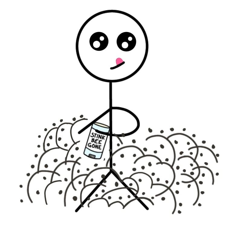 Cleanliness being next to godliness means that a curated collection decays into an ungodly mess without freshening it A dirty human stick figure with a can of stink-bee-gone